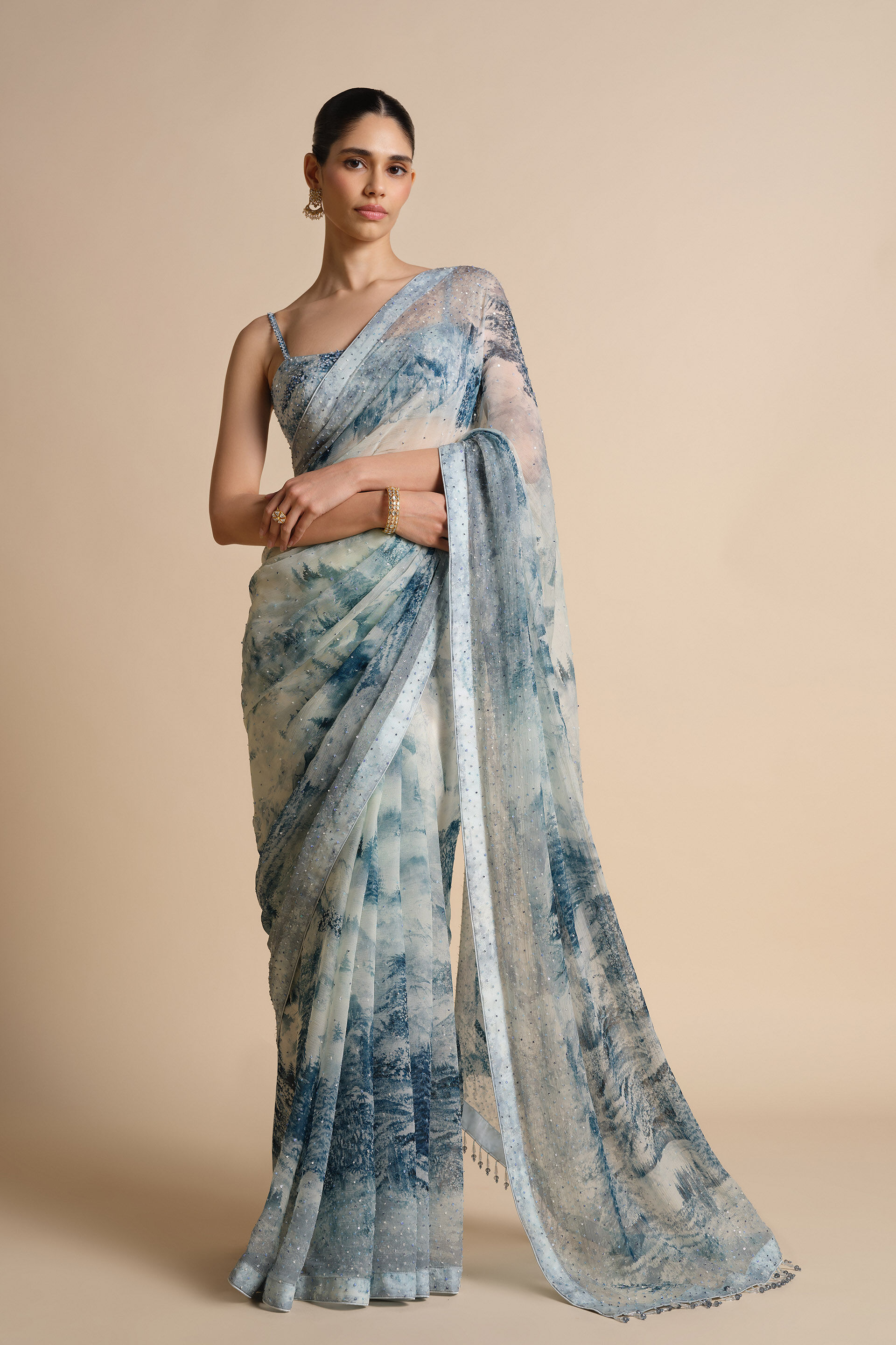 Morava Sequin Chiffon Saree - Powder Blue, Powder Blue, image 6
